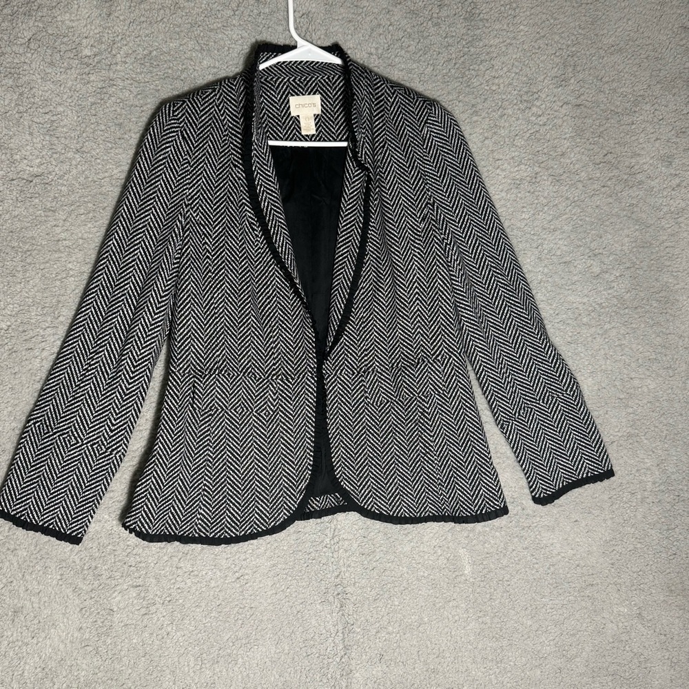 Chico's Black White Herringbone Ponte Blazer Jacket Ruffled Trims Size 0